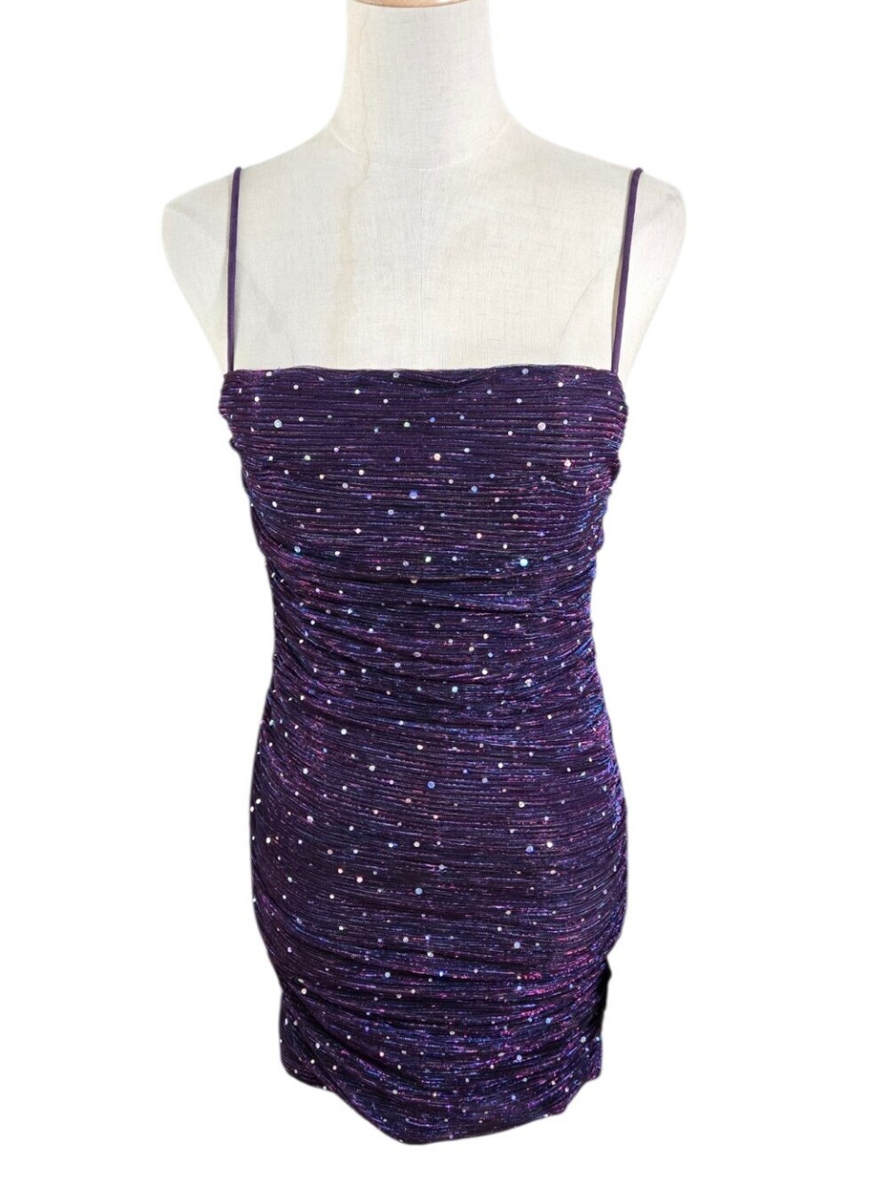 Lulu's Purple Sequin Ruched Mini Spaghetti Strap Dress NWT